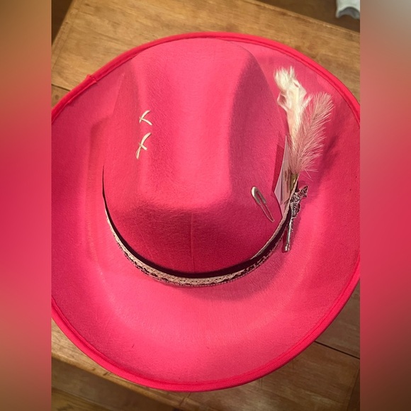 Handmade Pink Felt Cowgirl Hat with Feathers, Gems, and Leopard Print - Picture 6 of 9